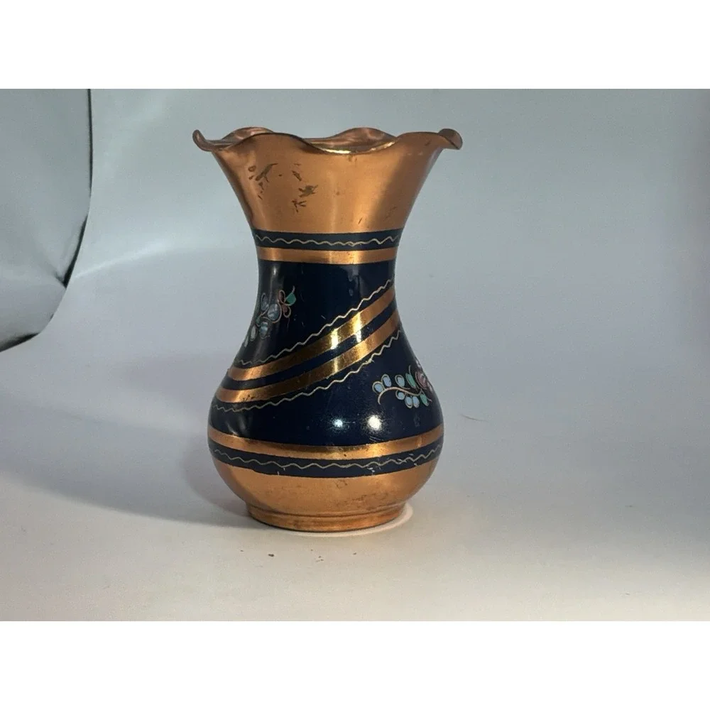 Vintage Copper Vase‎ Hand Painted Floral 4